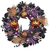 Valery Madelyn Halloween Wreath for Front Door with Lights, 18 Inch Pre-Lit Jack-o'-Lantern Pumpkin Wreath Halloween Decorations for Home Porch Table Centerpiece Window Indoor Party Holiday Wall Decor
