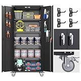 GangMei Garage Storage Cabinet with Wheels & Pegboard, 72" H Locking Metal Storage Cabinet with Doors and 4 Adjustable Shelves for Garage Workshop Home, Assembly Required, Black