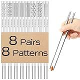 8 Pairs Metal Chopsticks Reusable 18/8 Stainless Steel Chopsticks Set Cute Laser Engraved Non-slip Japanese Korean Chinese Chopstick for Cooking Eating Dishwasher Safe 9.25" Chop Sticks Gift Set