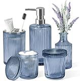 Blue Bathroom Accessories 5 Pcs, Glass Bathroom Accessory Set, Vintage Blue Bathroom Set, Royal Soap Dispenser and Toothbrush Holder Set, Qtip Holder, Small Flower Vase, Modern Bathroom Decor