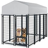 Oranland 8x4x6FT Outdoor Dog Kennel, Heavy Duty Welded Wire Steel Dog Kennel with Secure Lock for Outside, Upgraded Heat Dissipation & Heat-Reflective Silver Waterproof Roof with 2 Rotating Dog Bowls