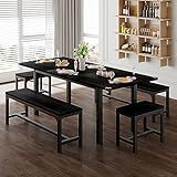 Feonase 5-Piece Dining Table Set for 4-8 People, 63" Large Extendable Kitchen Table Set with 2 Benches and 2 Square Stools, Dining Room Table with MDF Wood Board, Easy Assembly, Black