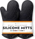 BPA-Free Silicone Oven Mitts Ultra Heat Resistant up to 500°F - Oven Mitts with Thick Cotton Liner - Long Slip Resistant Pot Holders, Flexible Oven Gloves - Black 13.7"