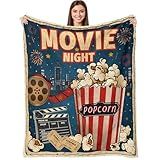 Movie Night Gifts Throw Blanket, Soft Cozy and Warm Couch Blankets for Home Film Cinema Theater Popcorn Decor, Vintage Poster Theme Gift for Adult Women Men Movie Lover. Blue 50×60 inches