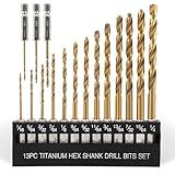 COMOWARE Titanium Twist Drill Bit Set - 16 Pcs Hex Shank High Speed Steel for Wood Plastic Aluminum Alloy, Quick Change, 1/16"-1/4"