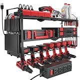 BCJJ Power Tool Organizer Wall Mount with Charging Station, Heavy Duty Steel, 3 Shelves, Black, 26.37 x 7.87 x 14.14 inches, Garage, Workshop, Shed, Tool Room