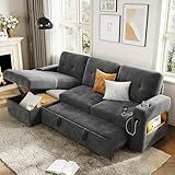 84" Modern L-Shaped Sleeper Sofa with Storage & Charging Station, Convertible Sectional Sofa Bed with LED Lights, USB/Type-C Ports, Reversible Chaise Sofa for Living Room, Apartment, Grey Velvet