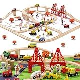 KiToyWod 100 Pcs Wooden Train Track Set, Toy Train with Tracks for Kids Ages 3-10, Compatible with Major Brands, Railway Playset for Boys and Girls Birthday Gift
