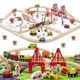 KiToyWod 100 Pcs Wooden Train Track Set, Toy Train with Tracks for Kids Ages 3-10, Compatible with Major Brands, Railway Playset for Boys and Girls Birthday Gift