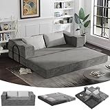 Firscook 80" Folding Convertible Fold Out Sleeper Sofa Bed King Size, 5 in 1 DIY Combination Floor Couch Cozy Lounge Daybed with Curved Armrest and Throw Pillows for Living Room (Grey)