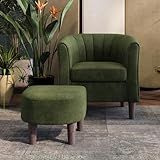 LINSY Accent Chair with Ottoman, Modern Barrel Chair Small Armchair Reading Chair with Footrest, Comfy Round Arms Chair for Living Room Bedroom Reading Room, Velvet, Olive Green