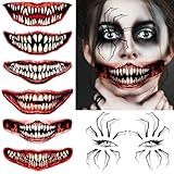7 Sheets Halloween Spider Web Eye Temporary Tattoos For Women Men Adults, Realistic Zombie 3D Red Blood Mouth Joker Clown Temp Scary Face Fake Tattoo Stickers, Vampire Tattoos Halloween Makeup Kit