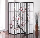 Roundhill Furniture Black Japanese 4-Panel Screen Room Divider, Plum Blossom