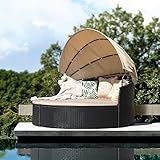 KaiMeng Patio Furniture Round Outdoor Daybed with Retractable Canopy Wicker Rattan Sectional Sofa for Lawn Garden Backyard Pool (Beige)