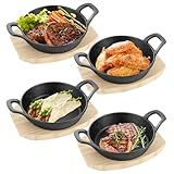 RHBLME 4 Sets Small Cast Iron Skillet, 6 Inch Cast Iron Skillet with Wooden Base, Small Bowl Round Pan Fajita Plate Pot for Baking Cooking