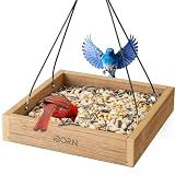 iBorn Platform Bird Feeder Tray, Chew Proof Bird Feeders for Outdoors Hanging, Flat Birdfeeder Tray with Large Capacity 3LBS, WPC Recycled Plastic & Cedar Look, Waterproof, 10.5"x10.5", Raw