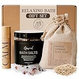 Soulistic Root Relaxing Bath Gift Set, Luxury Spa Gifts for Women, Self Care Products for Women and Men, Calm Essential Oil Roller, Oatmeal Lavender Bath Soak & Epsom Salts with Essential Oils