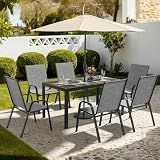 Pamapic Outdoor Dining Sets for 6, Rectangular Steel Slat Table with 6 Textilene Chairs, 7 Piece Patio Table and Chairs Set with Umbrella Hole for Patio, Backyard, Poolside (Grey, No Umbrella)