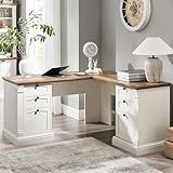 OKD 60" L Shaped Executive Desk with Drawers, Farmhouse Home Office Desk with Charging Station, File Cabinet Storage, Wood Corner Computer Desk for Work and Study, Antique White