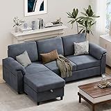 Vongrasig 79" Convertible Sectional Couches Sofa with Storage Ottoman, 3 Seat L Shaped Couch with Side Storage Pockage, Linen Fabric Small Couches for Living Room, Apartment and Small Space, Grey