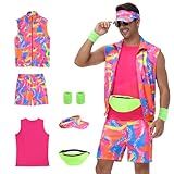 80s Men Workout Costume,80s Outfit Clothing for Adults, Halloween Cosplay Couples Costume Set (L)