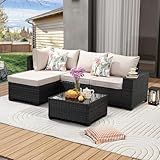 JOYURE 5 Pieces Patio Furniture Set All-Weather Outdoor Wicker Sectional Conversation Sofa Rattan Patio Seating Sofa with Cushion and Glass Table and Ottoman for Porch,Beige