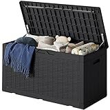 Greesum 100 Gallon Resin Deck Box Lockable Large Outdoor Storage Boxes for Garden Tools, Patio Furniture Cushions, Pool Supplies, Black