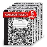 Rosmonde College Ruled Composition Notebooks 5 Pack, 200 Pages (100 Sheets), 9-3/4" x 7-1/2", White & Black Marble Composition Book, Hard Cover, Sturdy Sewn Binding, School, College & Office Supplies
