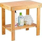 VaeFae Bamboo Shower Bench, Spa Bench Seat Stool, Foot Rest Shaving Stool with Non-Slip Feets and Storage Shelf, Works in Bathroom/Living Room/Bedroom/Garden Leisure