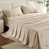 Bedsure Queen Sheet Set, Rayon Derived from Bamboo, Cooling Sheets, Deep Pocket Up to 16", PureWoven, Breathable & Soft, Hotel Luxury Silky Bedding for Hot Sleepers, Beige