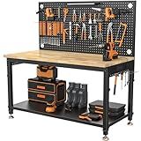 CAMMOO 48" Heavy Duty Work Bench Adjustable Height Max Load 2000 LBS with Storage Shelf for Garage Workbench, Rubberwood Tabletop with Pegboard, LED Light, Built-in Power Strip for Woodworking Shop