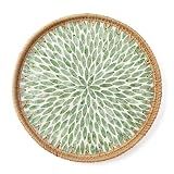 Aayoruro Round Rattan Tray with Mother of Pearl Inlay, Wooden Base