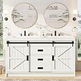 AMERLIFE 61" Farmhouse Double Bathroom Vanity with Sink Combo, Dual Basin Bathroom Storage Cabinet with Sliding Barn Doors & Drawers, Large Double Bath Vanity Sink Set, Rustic White