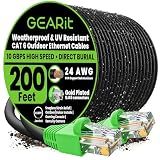 GEARit Cat6 Ethernet Cable 200ft, Outdoor Direct Burial Cat 6 Cable 24AWG High Speed Up to 10Gbps, LLDPE (PE) UV-Resistant Waterproof Jacket, CCA RJ45 Network Internet Cable for Router- Black