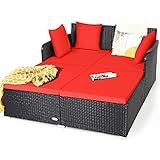 HAPPYGRILL Outdoor Rattan Daybed Patio Loveseat Sofa Set with Padded Cushion Pillows and Sturdy Aluminum Foot, Wicker Patio Furniture for Garden Porch Poolside