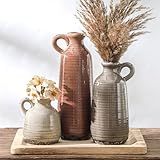 Ceramic Vases Set of 3, Neutral Rustic Farmhouse Vase with Handle, Decorative Flower Vases Home Decor Modern Boho Pampass Vase for Table Mantel Entryway Shelf Living Room Kitchen Bathroom - Brown