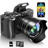 IGXHAVIZ 8K Digital Cameras for Photography Autofocus, WiFi 88MP Vlogging Camera with Dual-Lens, Flash, 16X Digital Zoom, Touch Screen, Travel Camera Anti-Shake with Lens Hood, 64GB Card,2 Batteries
