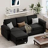 Vongrasig 79" Convertible Sectional Couch Sofa with Storage Ottoman, 3 Seat L Shaped Couch with Side Storage Pockage, Small Couches for Living Room, Apartment and Small Space, Black