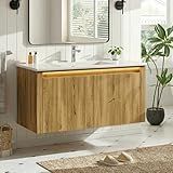 ONBRILL Modern Bathroom Vanity with Sink, Floating Bathroom Vanities with Auto Motion Sensor LED Light, 3 Hole Integrated Ceramic Basin & Soft Closing Doors for Small Space, Hotel (36",Nature)