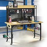 BKSFOAA 48'' Adjustable Work Bench with Pegboard & AC/USB Outlets, Heavy Duty Wooden Desktop Workbench with Wheels & Storage Shelf, 2000 lb Capacity for Garage Workshop Office