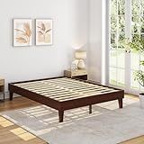 Yaheetech Queen Bed Frame Natural Solid Wood Platform Bed with Wooden Slats Support, 7.3-inch Underbed Space for Storage, Noise-Free Design, Easy Assembly, Dark Walnut Finish
