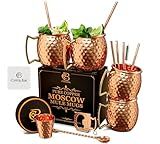 COPPER-BAR Moscow Mule Copper Mugs - Unique HANDCRAFTED Gift Set of 4, Hammered by Artisan, 100% Pure Solid Copper Cups 16oz for Drinking Water & Cocktails, Include 19 Pcs accessories & Special Opener