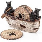 Cabin Obsession Bear Coasters - Set of 6 Full Size Rustic Coasters in Handmade Canoe with Adorable Black Bear Figurines - Log Cabin Decorations, Rustic Lodge Decor for The Home