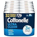 Cottonelle Ultra Clean Toilet Paper with Active CleaningRipples Texture, Strong Bath Tissue, 32 Family Mega Rolls = 176 Regular Rolls (8 Packs of 4)