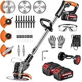 Electric Weed Wacker,21V Cordless Weed Wacker, 3-in-1 Stringless Grass Trimmer/Edger/Brush Cutter with 2×4.0Ah Batteries, 3 Types of Blades for Lawn, Yard & Garden Care