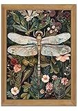 Framed Vintage 3D Textured Wall Art - Dark Green Dragonfly Flowers Wall Decor - Hand Drawn Sandstone Nature Botanical Pictures for Living Room Bedroom Home Decor 12x16in