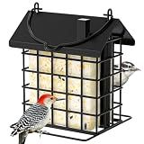 Gbekery All-Metal Double Suet Bird Feeder for Outdoors Hanging, Suet Cake Cage Holder with Weather-Resistant Roof & Perch for Outside Garden, Black