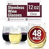 Reli. Disposable Wine Glasses (48 Pack, 12oz) Plastic Stemless Wine Glasses Disposable | Clear and Stemless for Parties, Cocktails, Whiskey, Weddings | Shatterproof