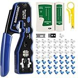 RJ45 Crimp Tool Kit Pass Through Crimper Cutter for Cat5 Cat5e Cat6 Cat6a 8P8C Modular Connector All-In-One Cat6 Crimping tool Etrhernet Crimper Tool and Tester(9V Battery Not Included)