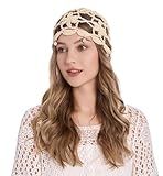 ZLYC Women Cotton Crochet Skull Cap Handmade Knit Cutout Floral Beanie Hat, Beads Beige